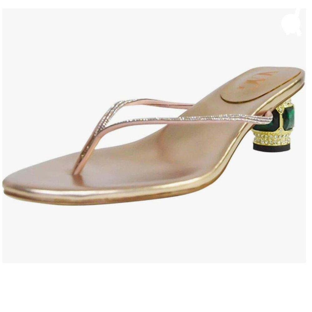 Champagne Thong Crystal Mid Heel Sandals Casual Flip Flop Open Toe Daily Slipper